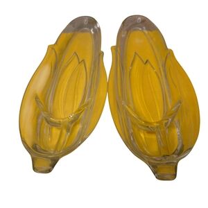 Vintage Pressed Glass Corn Shaped Corn on the Cob Serving Decor Set of 2